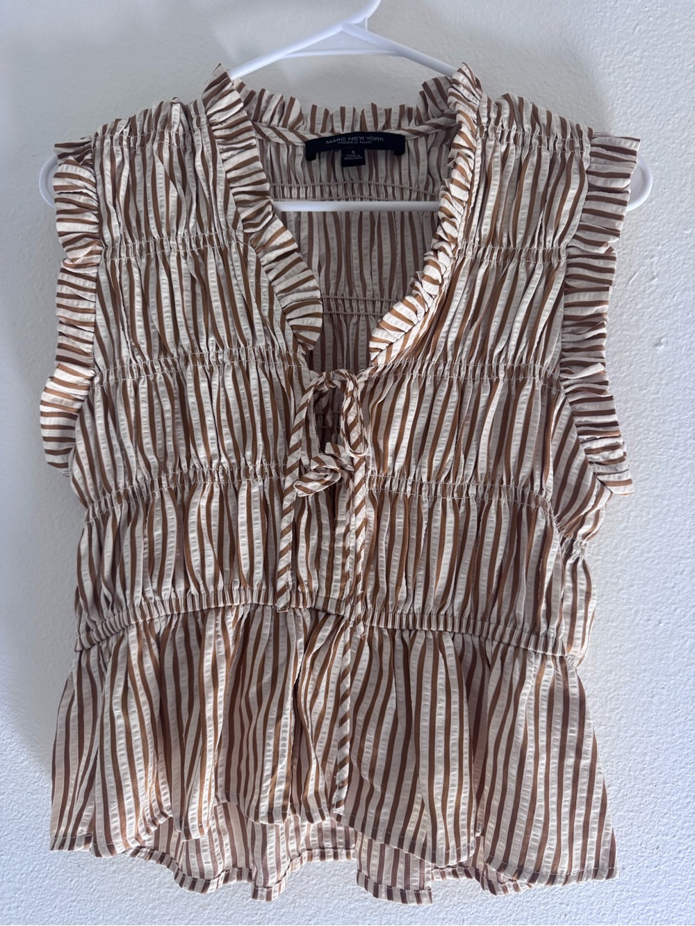 Marc New York Cream and Brown Striped Ruffle Tie-Front Blouse